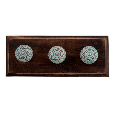 Sea Green Base Brown Pattern Etched Ceramic Wooden Hooks
